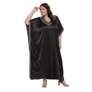 Solid with Embroidery Lace Black Satin Women Kaftan Dress